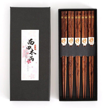 Wooden Chopsticks Set Golden Sakura Japanese 5 Pairs Gift