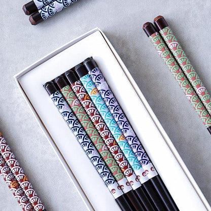 Wooden Chopsticks Set Japanese Family 5 Pairs Flowers Fan Assorted