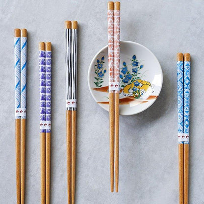 Wooden Chopsticks Set Japanese Family 5 Pairs Flowers Fan Assorted