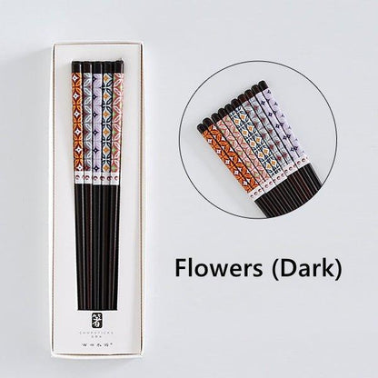 Wooden Chopsticks Set Japanese Family 5 Pairs Flowers Fan Assorted