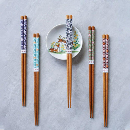 Wooden Chopsticks Set Japanese Family 5 Pairs Flowers Fan Assorted