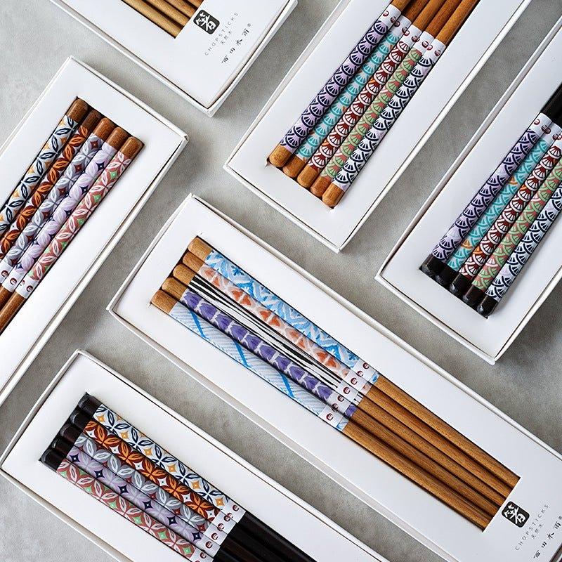 Wooden Chopsticks Set Japanese Family 5 Pairs Flowers Fan Assorted