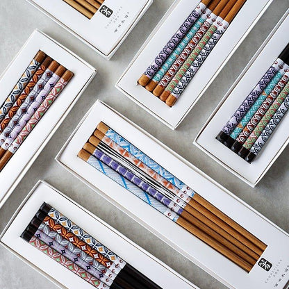 Wooden Chopsticks Set Japanese Family 5 Pairs Flowers Fan Assorted