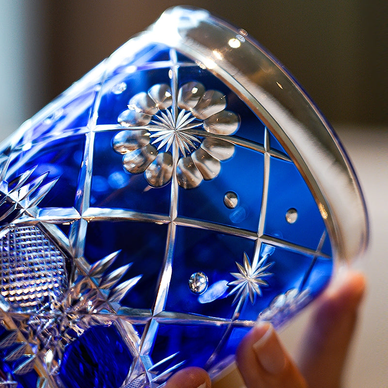 Whiskey Glass Royal Blue Kohana Blossom | Edo Kiriko Floral Crystal