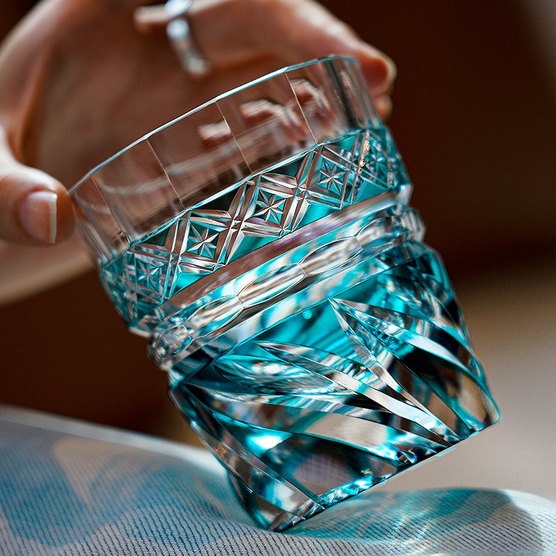 Whiskey Glass Edo Kiriko Aozora Kaze – Hand-Cut Azure Blue Japanese Tumbler with Wooden Box