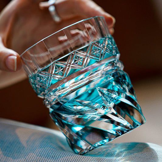Whiskey Glass Edo Kiriko Aozora Kaze – Hand-Cut Azure Blue Japanese Tumbler with Wooden Box