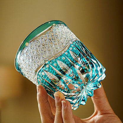 Whiskey Glass Edo Kiriko Aokiku Blue Chrysanthemum – Hand-Cut Kiku Tsunagi Japanese Tumbler with Wooden Box