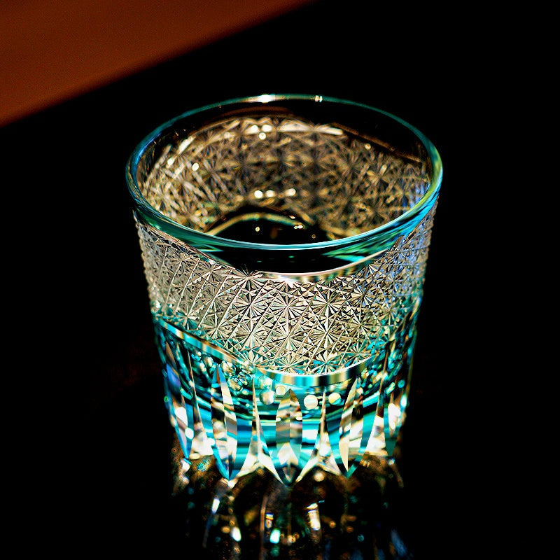 Whiskey Glass Edo Kiriko Aokiku Blue Chrysanthemum – Hand-Cut Kiku Tsunagi Japanese Tumbler with Wooden Box