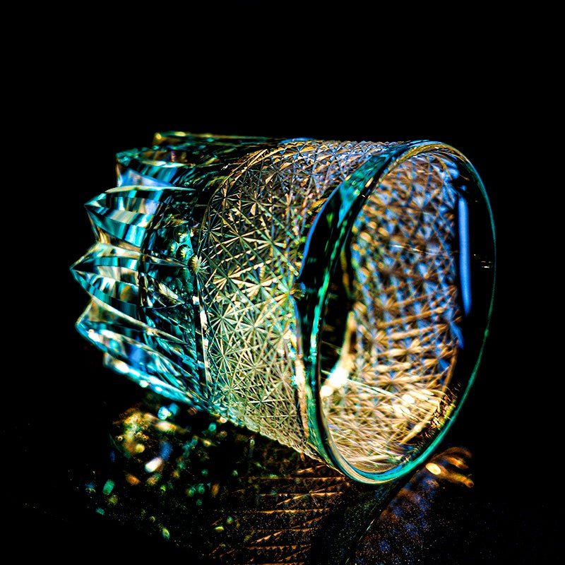 Whiskey Glass Edo Kiriko Aokiku Blue Chrysanthemum – Hand-Cut Kiku Tsunagi Japanese Tumbler with Wooden Box