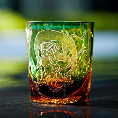 Japanese Whiskey Glass Fujin Wind God – Edo Kiriko Handcrafted Crystal