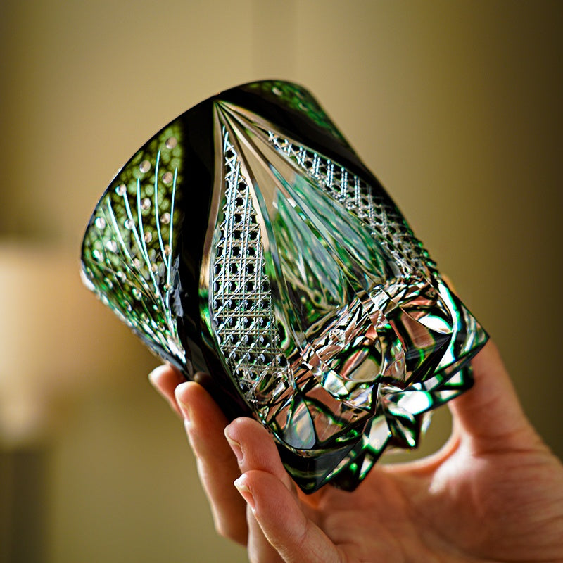 Edo Kiriko Whiskey Glass Green Serpent – Hand-Cut Japanese Crystal