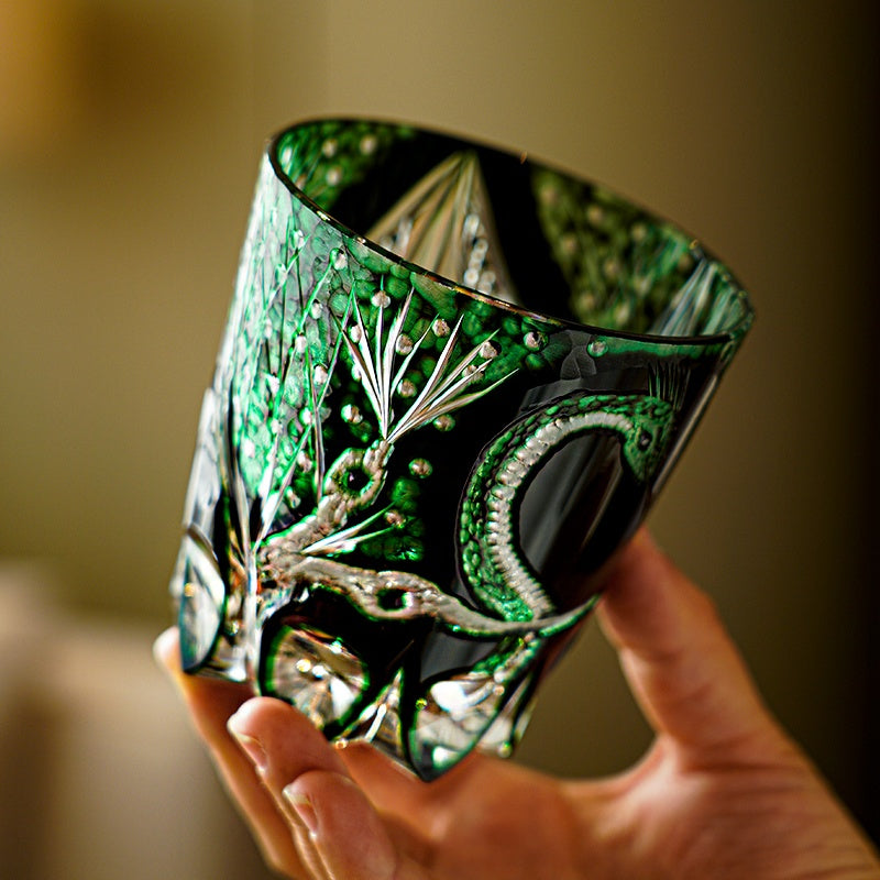 Edo Kiriko Whiskey Glass Green Serpent – Hand-Cut Japanese Crystal