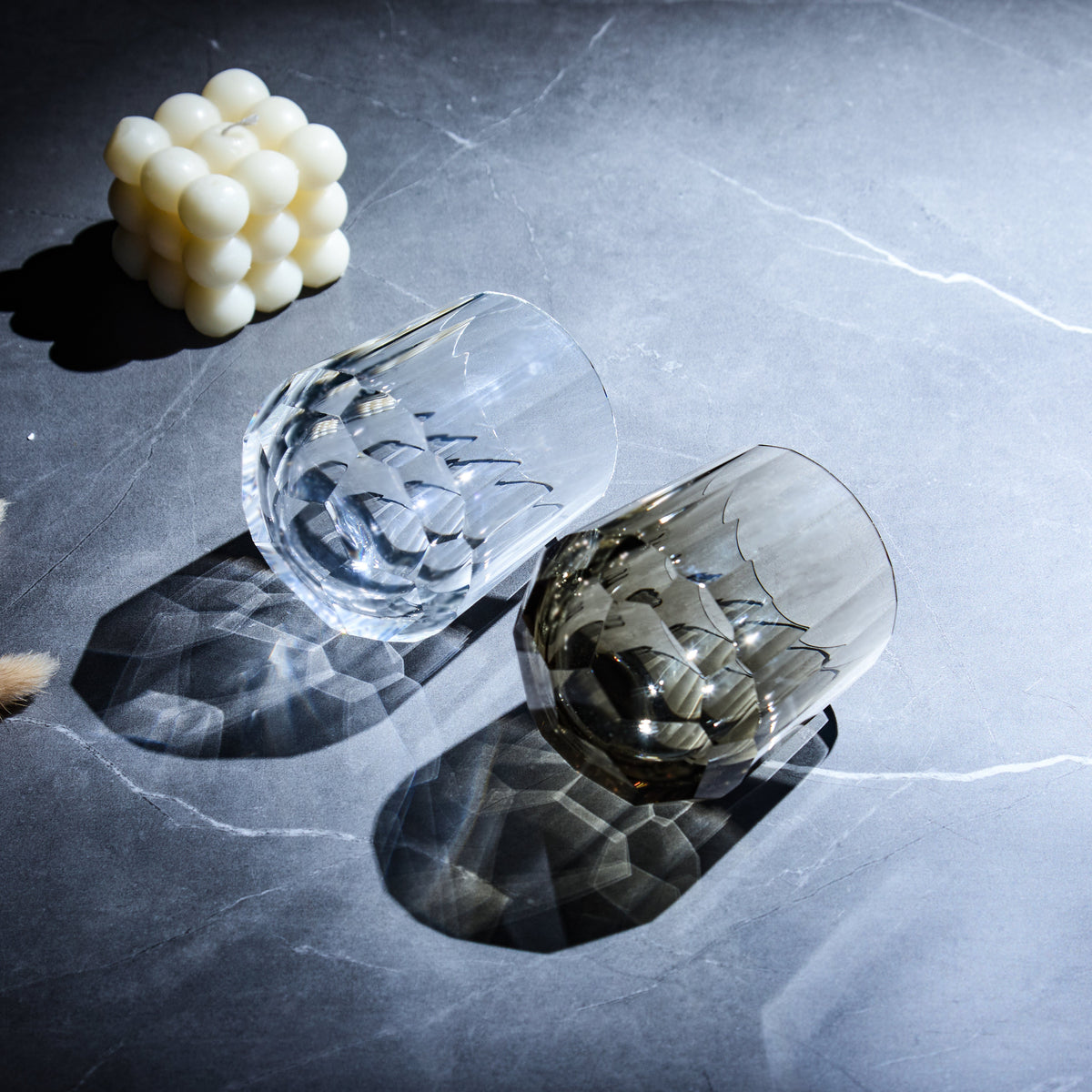 Edo Kiriko Glass Kage Tate Vertical Facet Whisky | Hand-Cut Crystal Clear & Smoky Grey Glassware