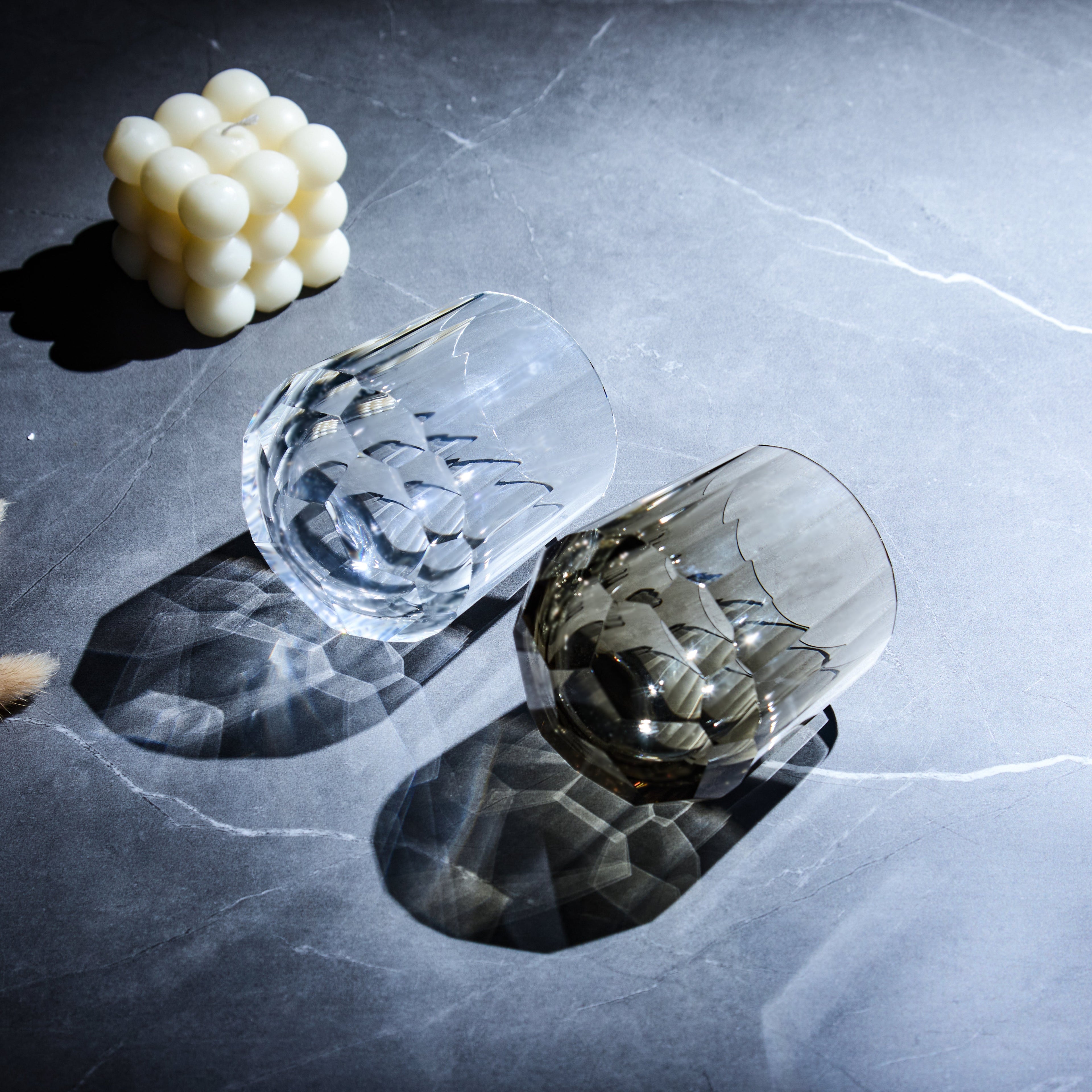 Edo Kiriko Glass Kage Tate Vertical Facet Whisky | Hand-Cut Crystal Clear & Smoky Grey Glassware