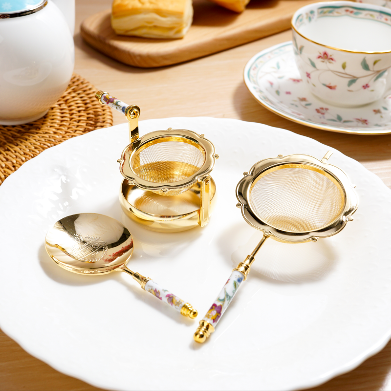 Japanese Tea Strainer Set | Porcelain Gold Floral Collection