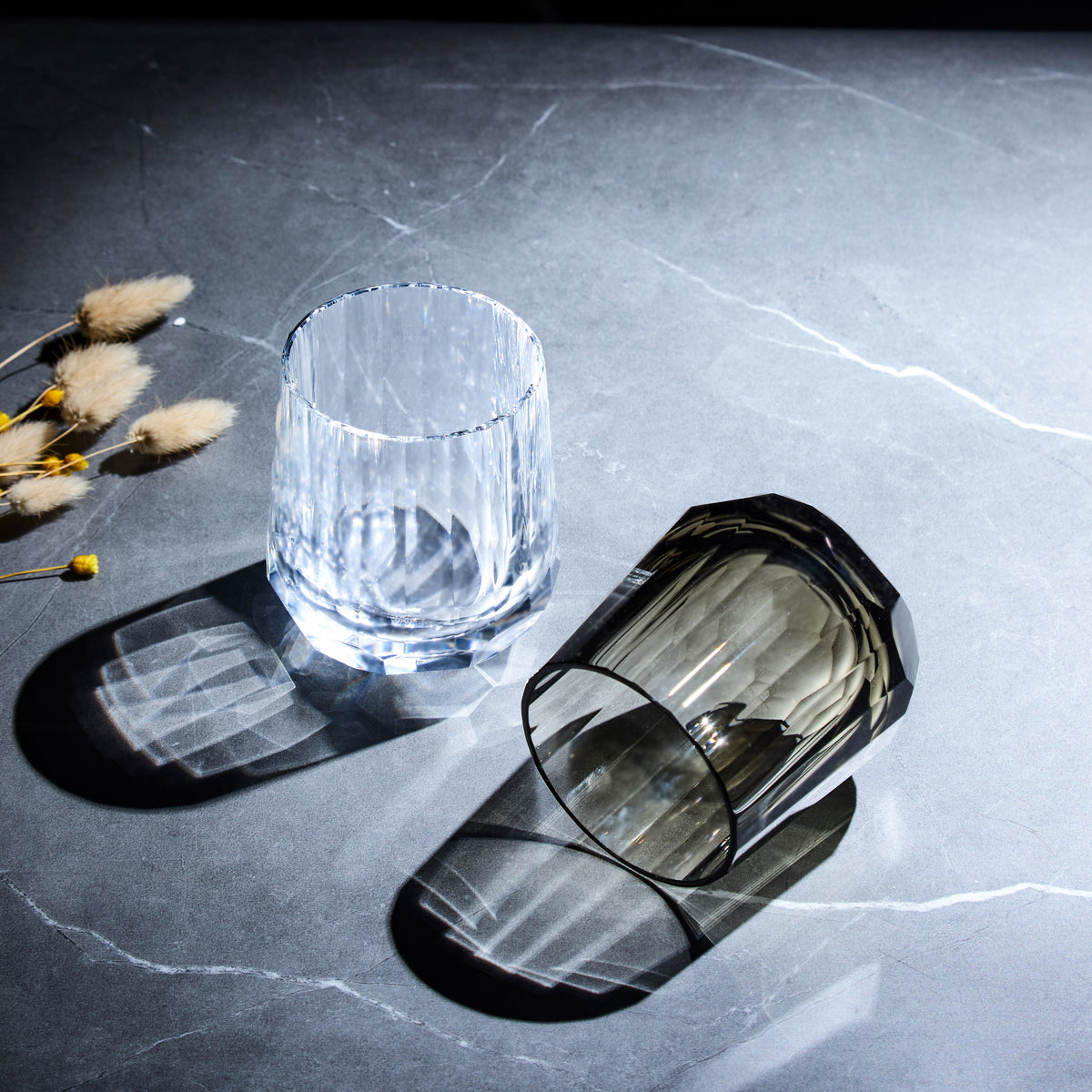Edo Kiriko Glass Kage Tate Vertical Facet Whisky | Hand-Cut Crystal Clear & Smoky Grey Glassware