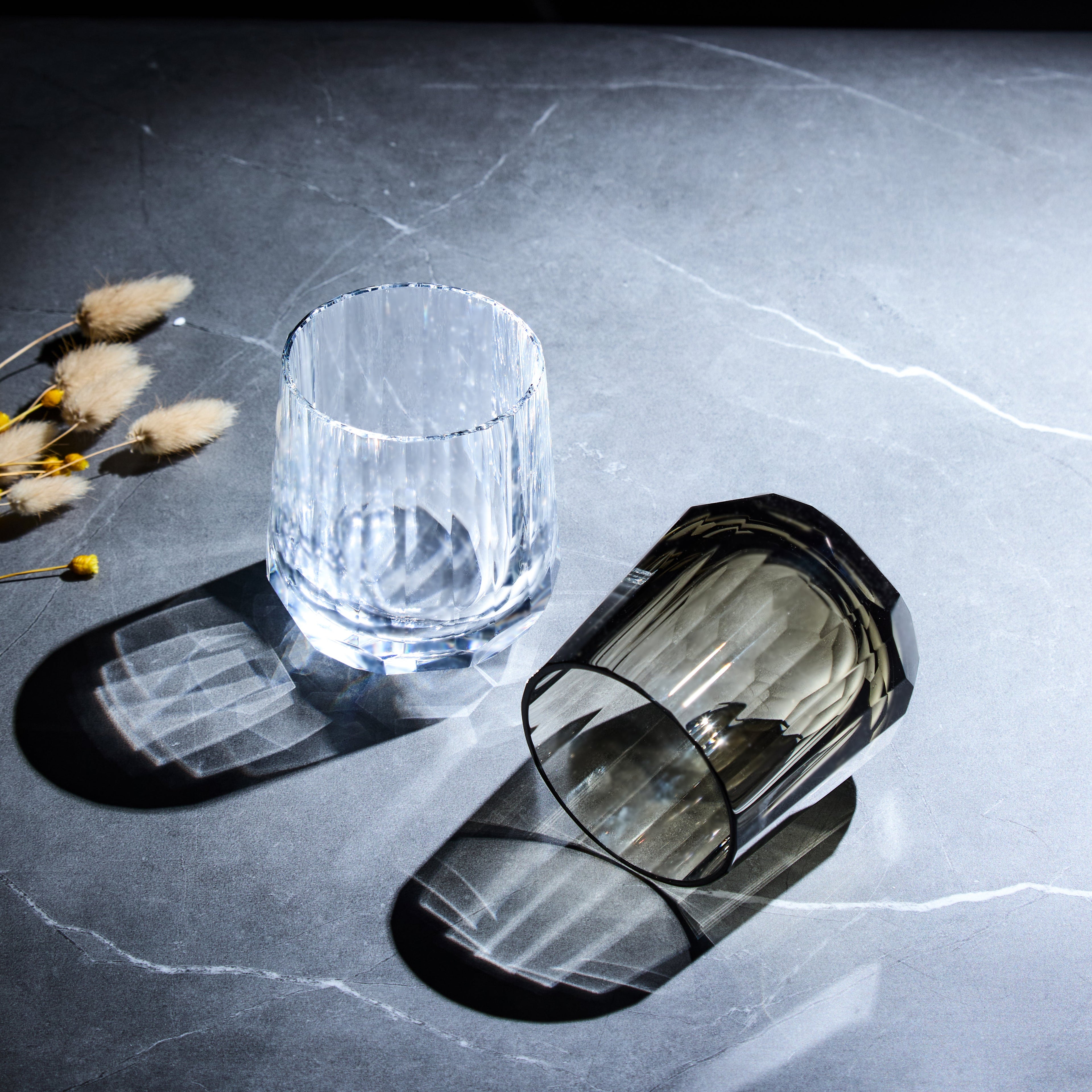 Edo Kiriko Glass Kage Tate Vertical Facet Whisky | Hand-Cut Crystal Clear & Smoky Grey Glassware
