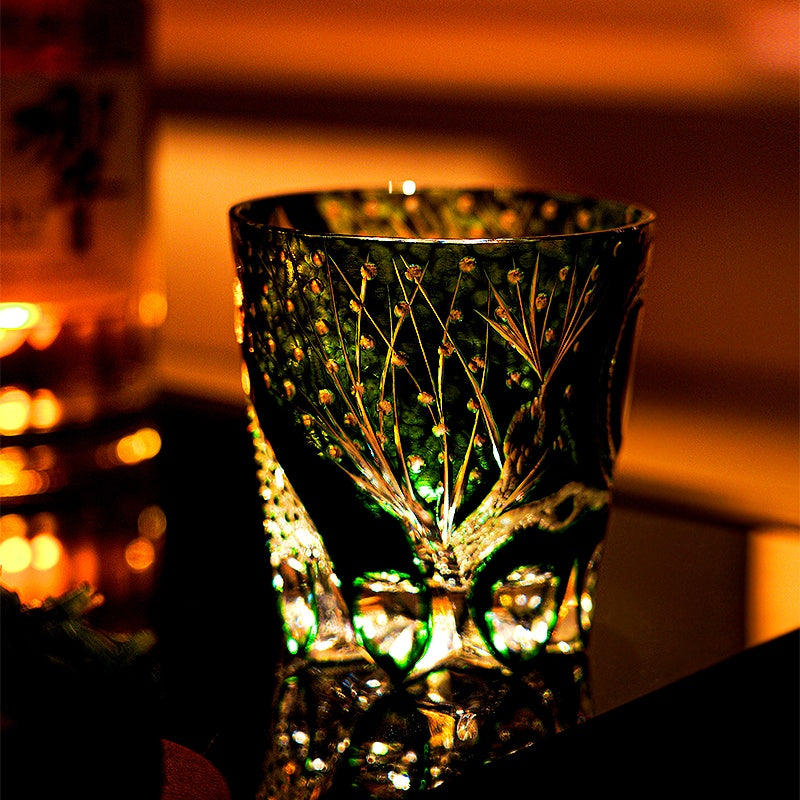 Edo Kiriko Whiskey Glass Green Serpent – Hand-Cut Japanese Crystal