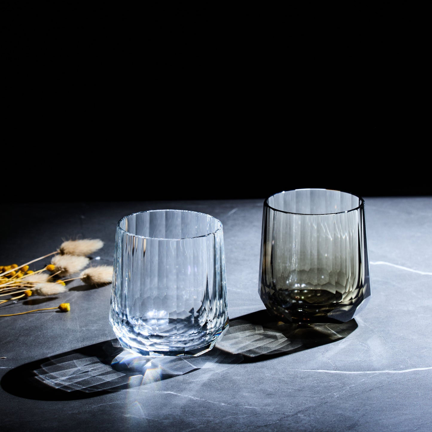 Edo Kiriko Glass Kage Tate Vertical Facet Whisky | Hand-Cut Crystal Clear & Smoky Grey Glassware