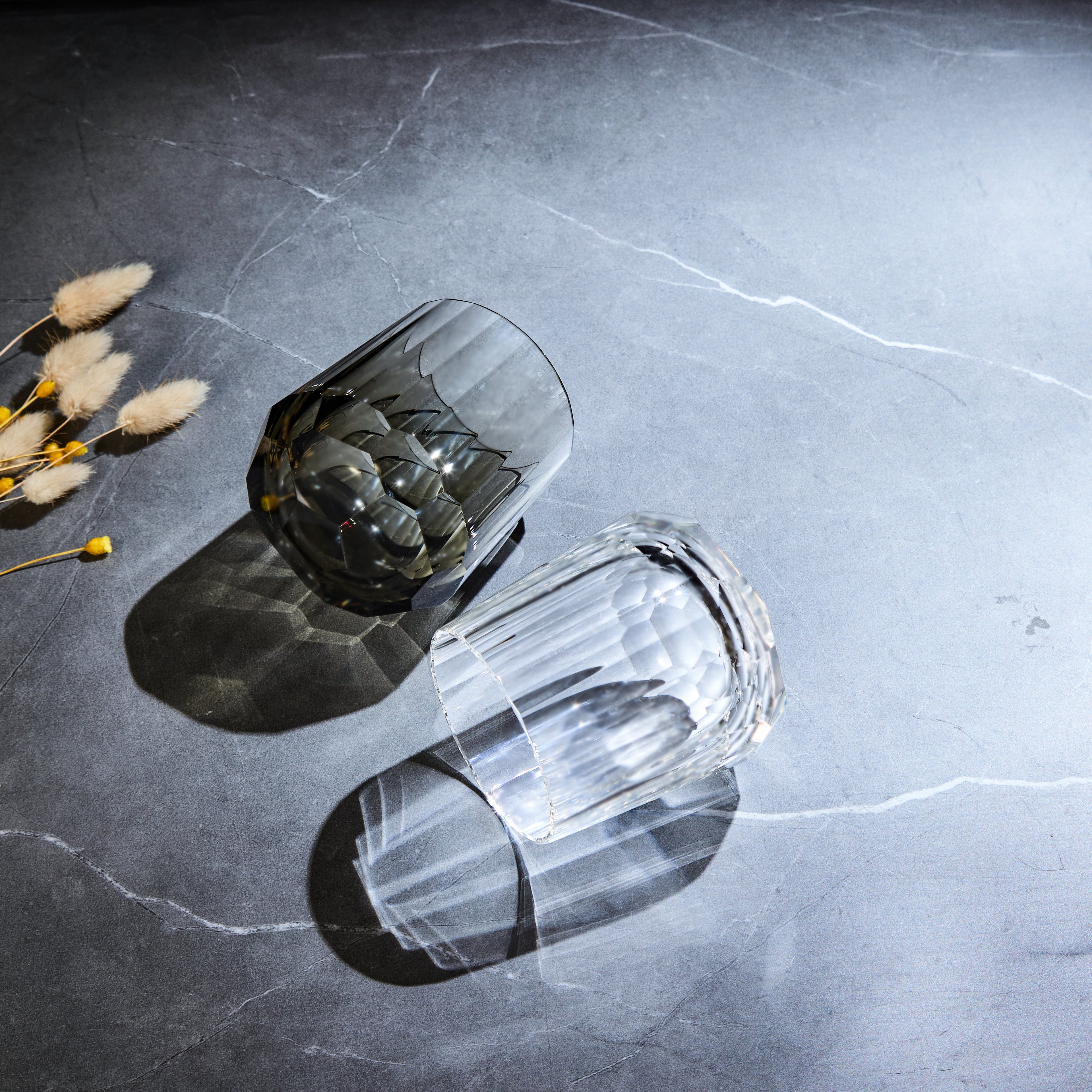 Edo Kiriko Glass Kage Tate Vertical Facet Whisky | Hand-Cut Crystal Clear & Smoky Grey Glassware