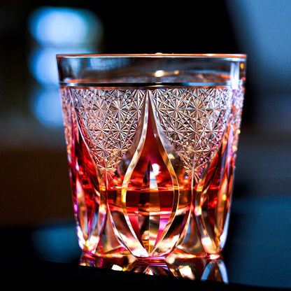 Whiskey Glass Edo Kiriko Handcrafted Crimson Flame Gold-Infused with Wooden Gift Box