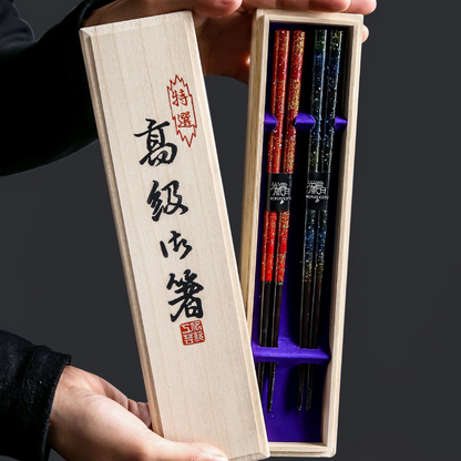 Glazed Chopsticks Set Galaxy Design Japanese Handcrafted Gift Set with Wooden Box