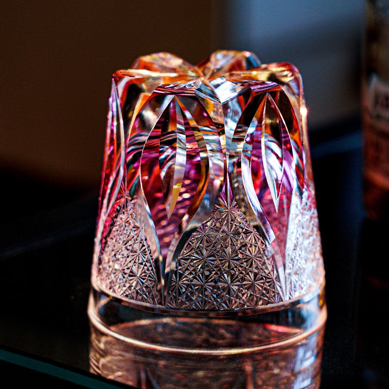 Whiskey Glass Edo Kiriko Handcrafted Crimson Flame Gold-Infused with Wooden Gift Box