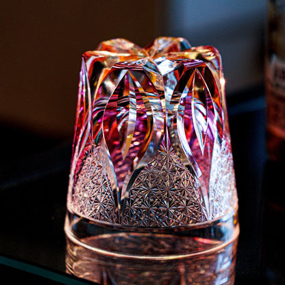 Whiskey Glass Edo Kiriko Handcrafted Crimson Flame Gold-Infused with Wooden Gift Box