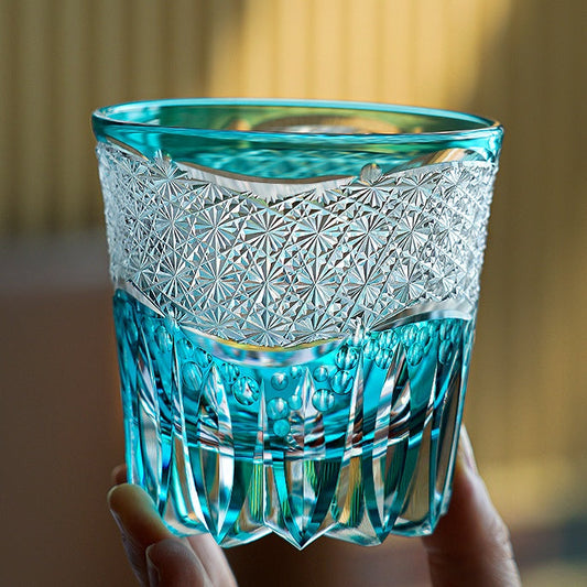 Whiskey Glass Edo Kiriko Aokiku Blue Chrysanthemum – Hand-Cut Kiku Tsunagi Japanese Tumbler with Wooden Box