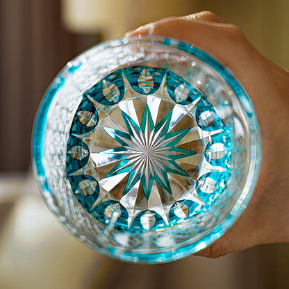 Whiskey Glass Edo Kiriko Aokiku Blue Chrysanthemum – Hand-Cut Kiku Tsunagi Japanese Tumbler with Wooden Box
