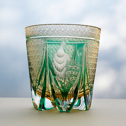 Whiskey Glass Edo Kiriko Handcrafted Emerald Peacock with Wooden Gift Box