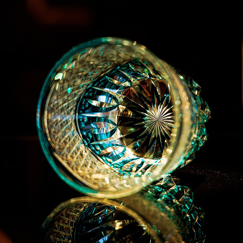 Whiskey Glass Edo Kiriko Aokiku Blue Chrysanthemum – Hand-Cut Kiku Tsunagi Japanese Tumbler with Wooden Box