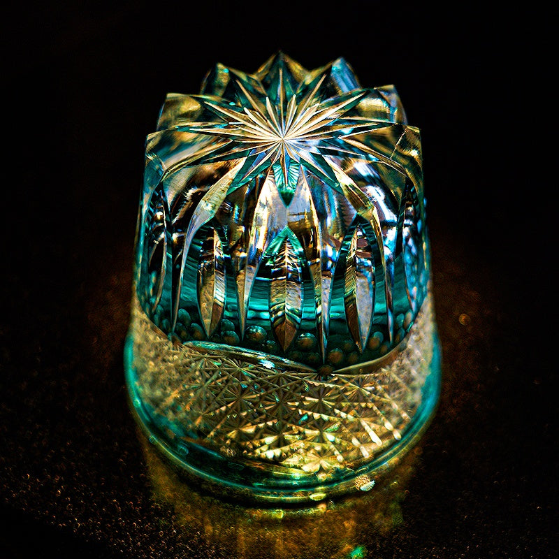 Whiskey Glass Edo Kiriko Aokiku Blue Chrysanthemum – Hand-Cut Kiku Tsunagi Japanese Tumbler with Wooden Box