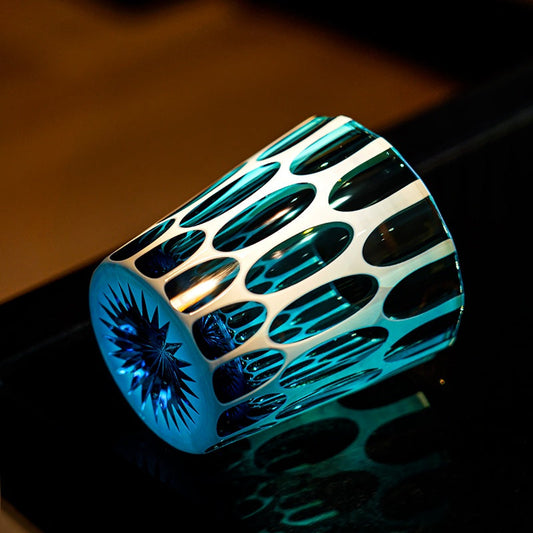 Whiskey Glass Edo Kiriko Aomidori Wave – Hand-Cut Blue-Green Japanese Tumbler with Wooden Box