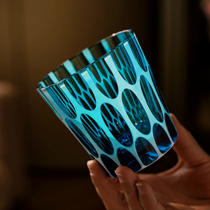 Whiskey Glass Edo Kiriko Aomidori Wave – Hand-Cut Blue-Green Japanese Tumbler with Wooden Box