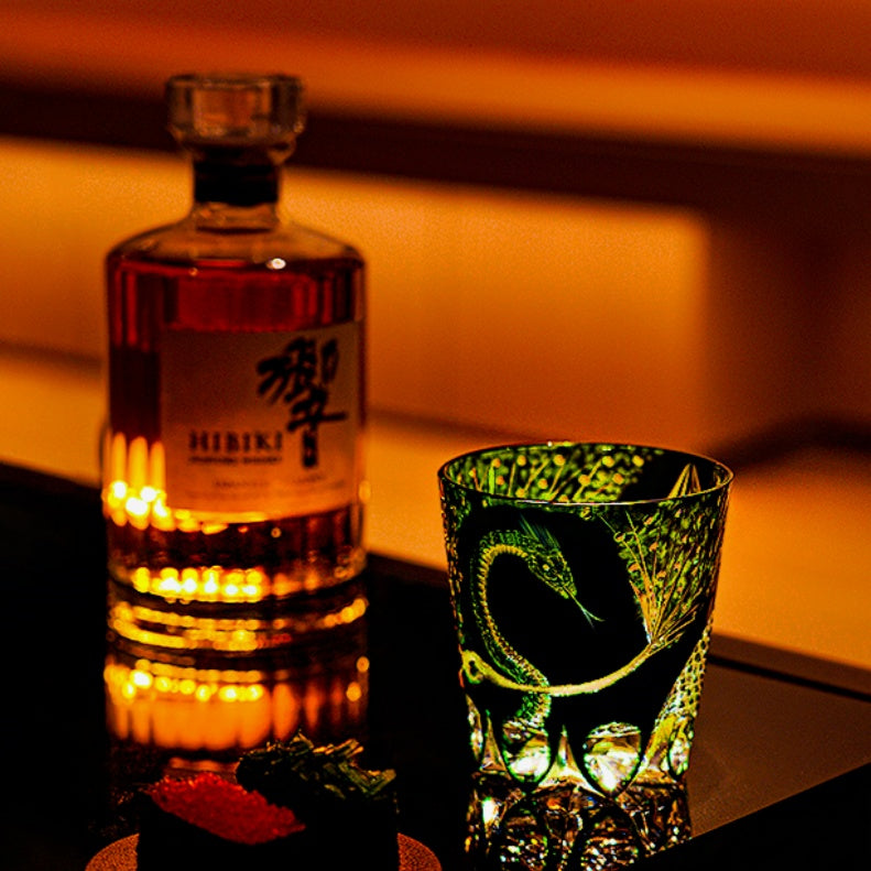 Edo Kiriko Whiskey Glass Green Serpent – Hand-Cut Japanese Crystal
