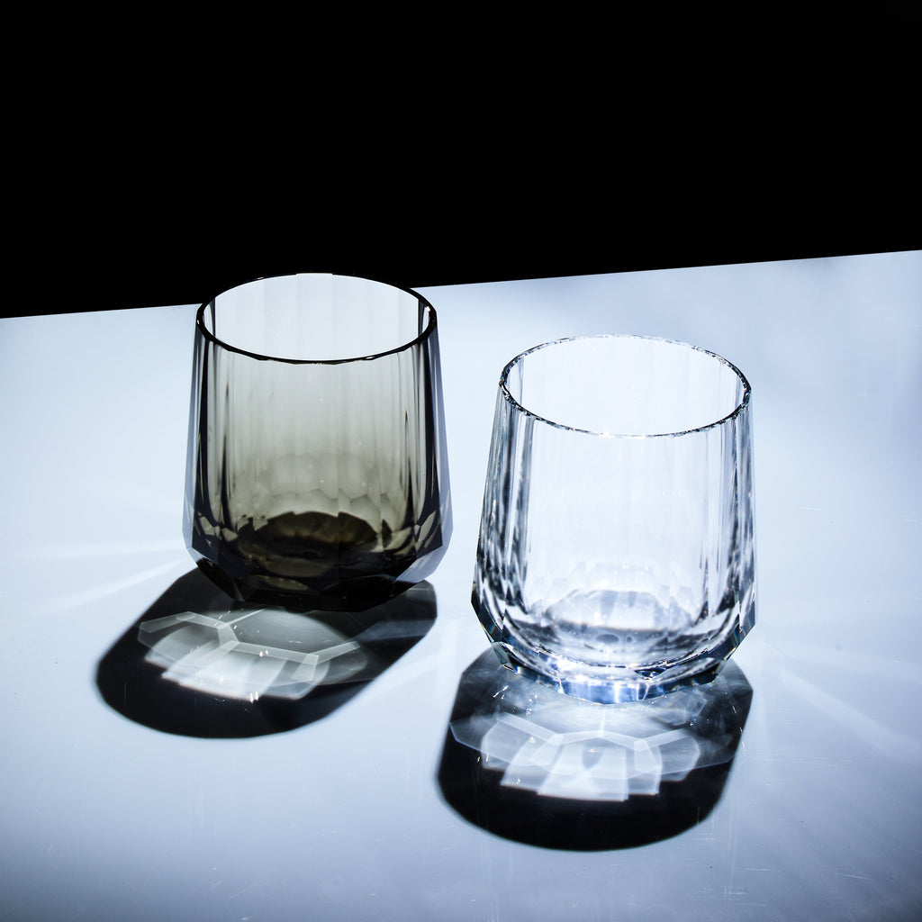 Edo Kiriko Glass Kage Tate Vertical Facet Whisky | Hand-Cut Crystal Clear & Smoky Grey Glassware