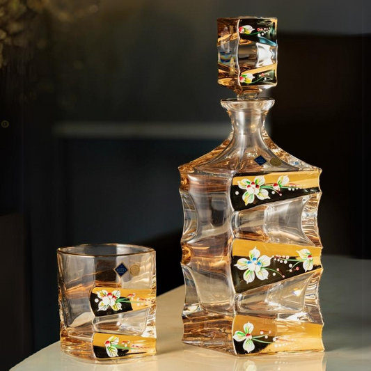 Whisky Decanter Set Bohemia Enamel Bloom Crystal Floral Gold Band Czech Crystal Whisky Glass Decanter Gift