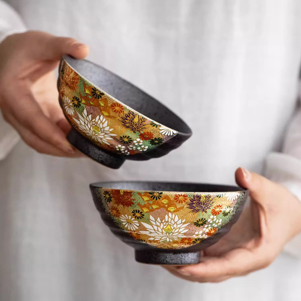 Japanese Couple Rice Bowl Set – Kutaniyaki Gold Floral Meoto