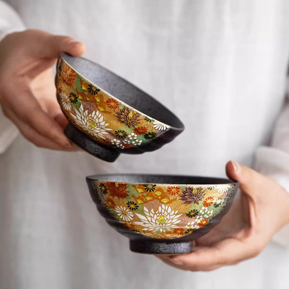 Japanese Couple Rice Bowl Set – Kutaniyaki Gold Floral Meoto