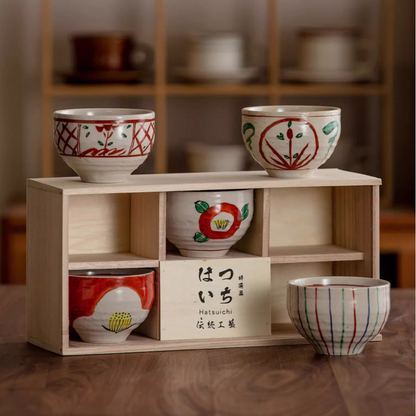 Japanese Bowl Set of 5 – Kutaniyaki Akae Camellia Wooden Box