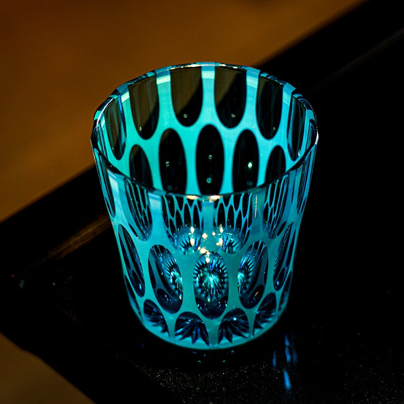 Whiskey Glass Edo Kiriko Aomidori Wave – Hand-Cut Blue-Green Japanese Tumbler with Wooden Box