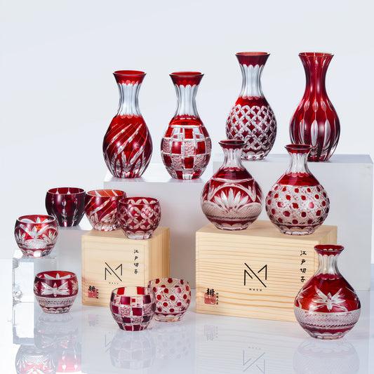 Sake Glass Set Edo Kiriko Aka Collection – Hand-Cut Crimson Red Japanese Sake Flagon & Glass | 7 Patterns