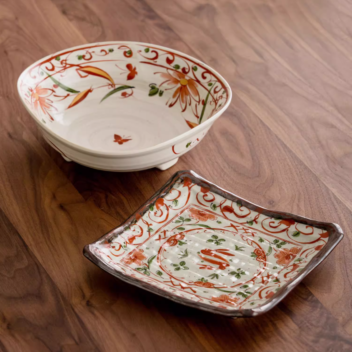 Japanese Ceramic Dish Set – Mino Ware Akae Red Butterfly