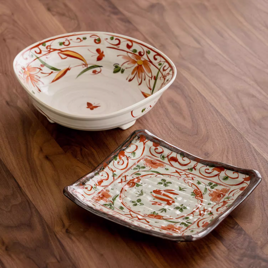 Japanese Ceramic Dish Set – Mino Ware Akae Red Butterfly