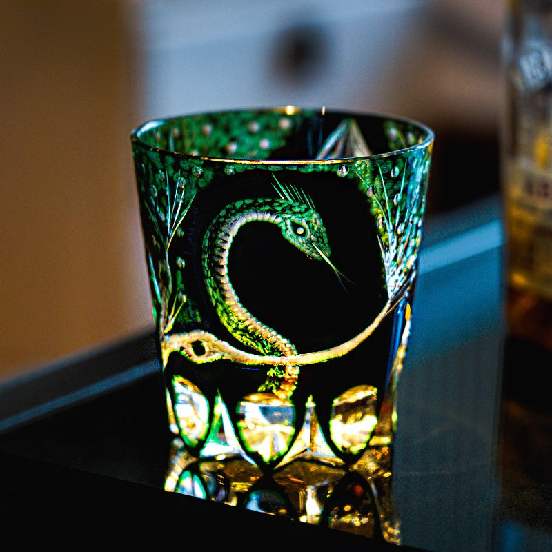 Edo Kiriko Whiskey Glass Green Serpent – Hand-Cut Japanese Crystal