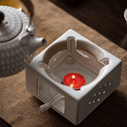 Ceramic Tea Kettle White Dimpled Candle Stove Warmer Set