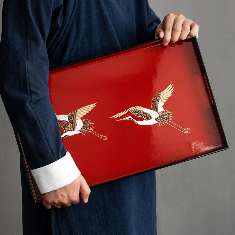 Crimson Crane Lacquer Tray – Yamanaka Shikki Gold Foil