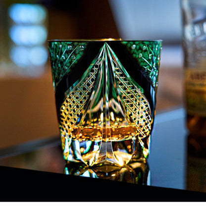 Edo Kiriko Whiskey Glass Green Serpent – Hand-Cut Japanese Crystal