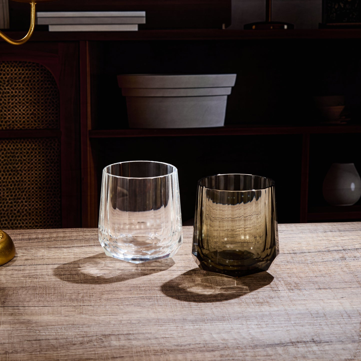 Edo Kiriko Glass Kage Tate Vertical Facet Whisky | Hand-Cut Crystal Clear & Smoky Grey Glassware
